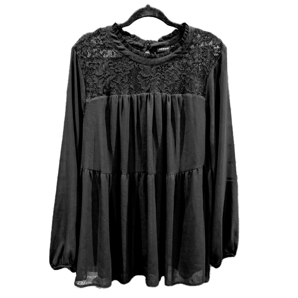 Torrid Black Lace Overlay Top Sz 4X Flowy Mock Neck Balloon Sleeve Whimsigoth